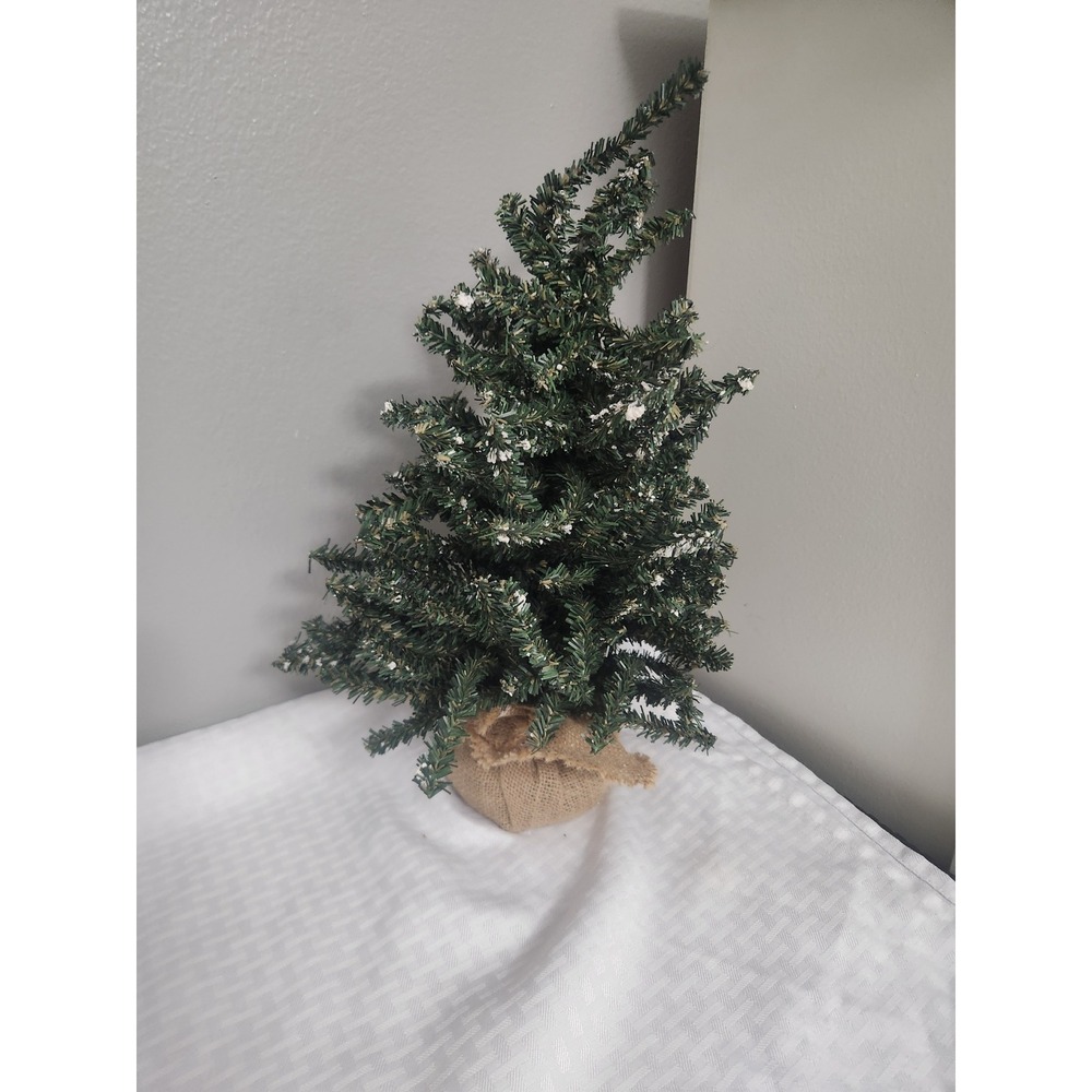 Miniature Tabletop Christmas Tree Burlap Base Flocked Snow Red Ribbon Decor - Picture 4 of 6